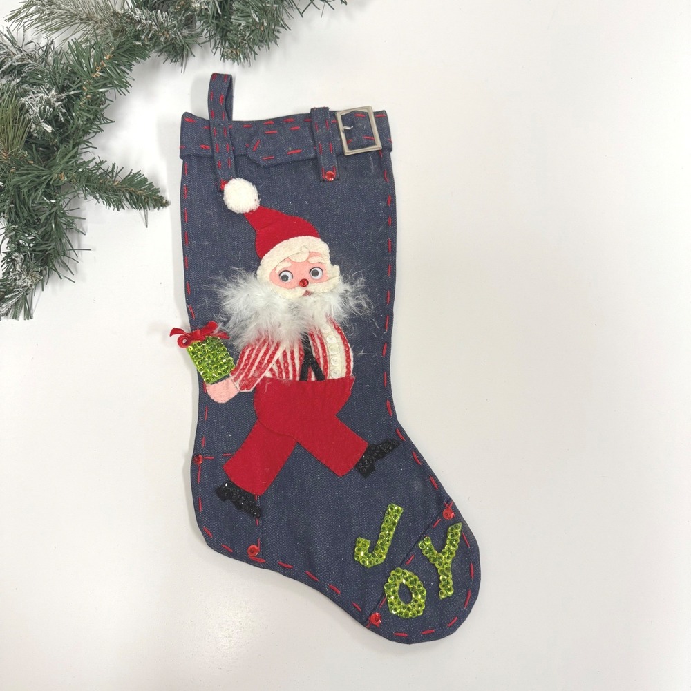 Vintage Denim Christmas Stocking Sequin Santa Claus Joy Blue Jean Rustic Decor